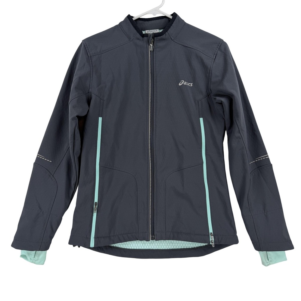 Asics Jacket Womens Small Gray Mint Lined Softshell Full Zip Running‎ Thumbholes